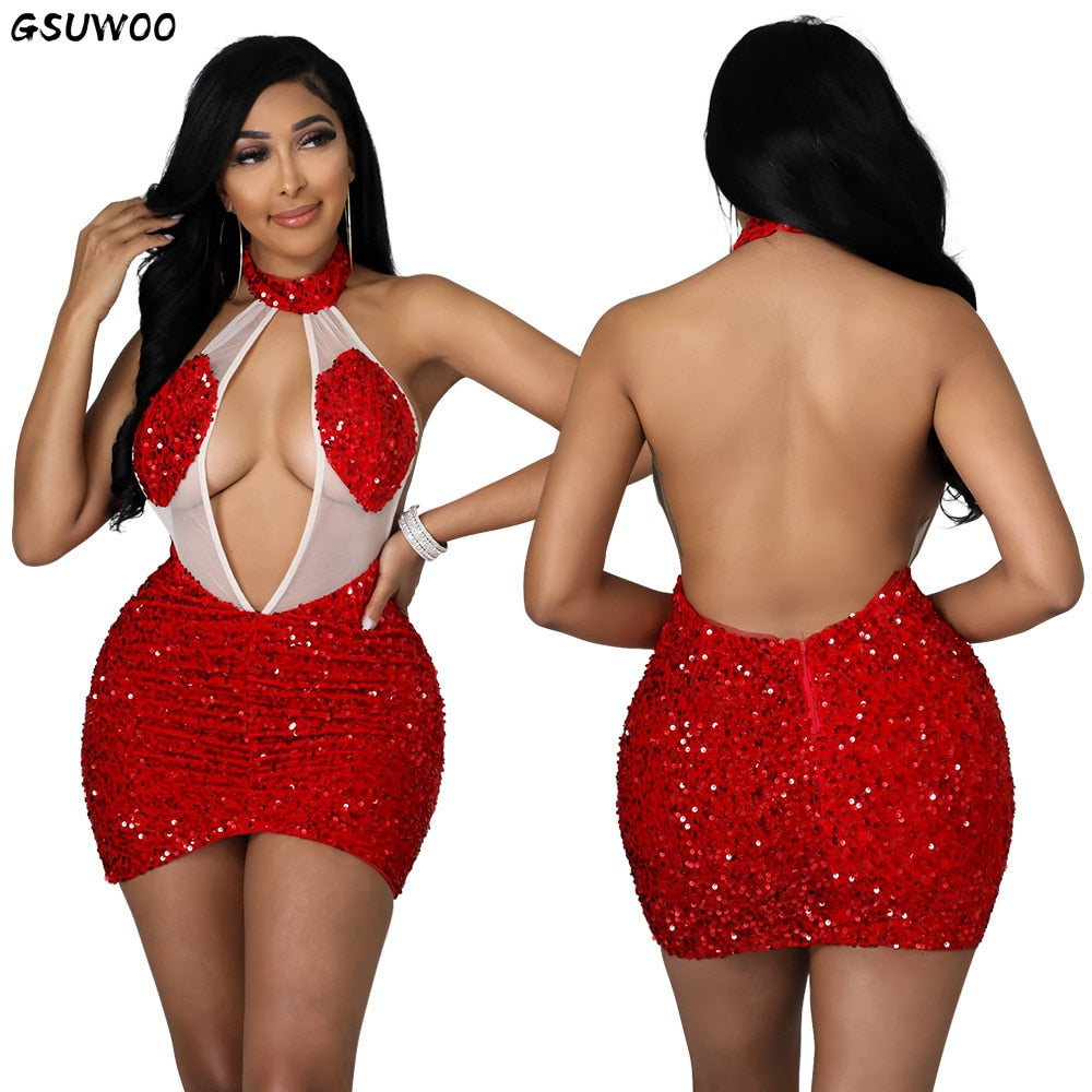 Sexy Sequin Sheer Mesh Halter Hollow Out Night Party Club Elegant Backless