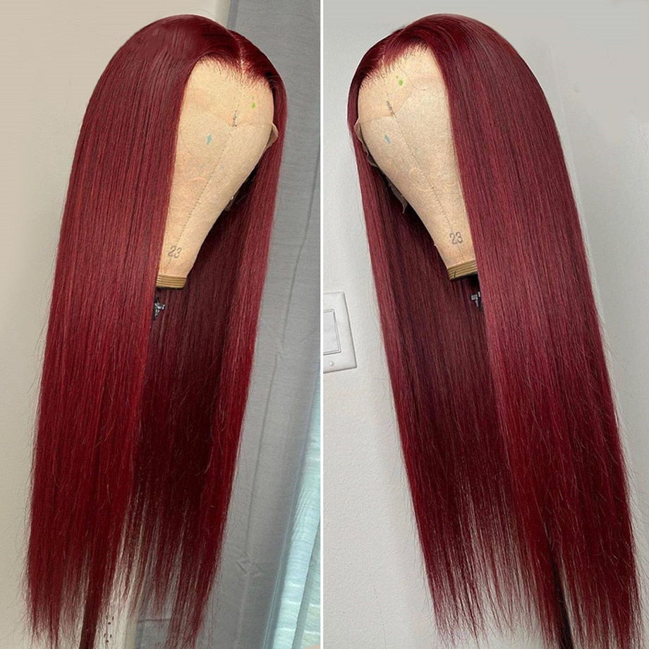 Burgundy Lace Front Human Hair Wigs Pre Plucked Straight Wig