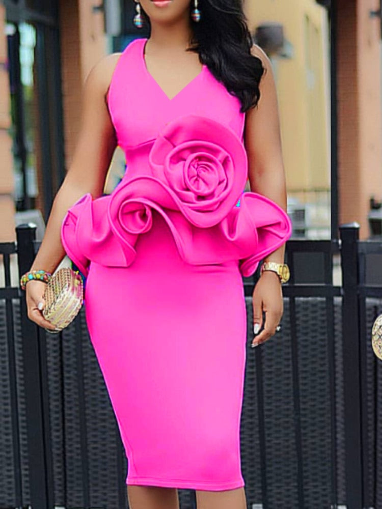 Women Bodycon Dresses Party Sexy V Neck Ruffles Evening Sleeveless Ruffles Flower Slim Celebrate Date Out Robes African Ladies