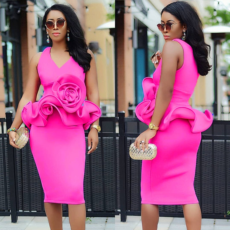 Women Bodycon Dresses Party Sexy V Neck Ruffles Evening Sleeveless Ruffles Flower Slim Celebrate Date Out Robes African Ladies